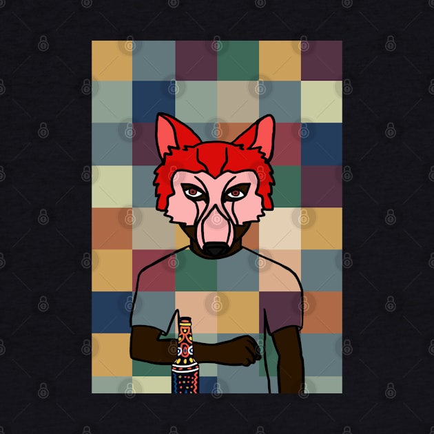 Pixelated Male Character with Animal Mask and Freakish Skin Holding a Dark Bottle by Hashed Art